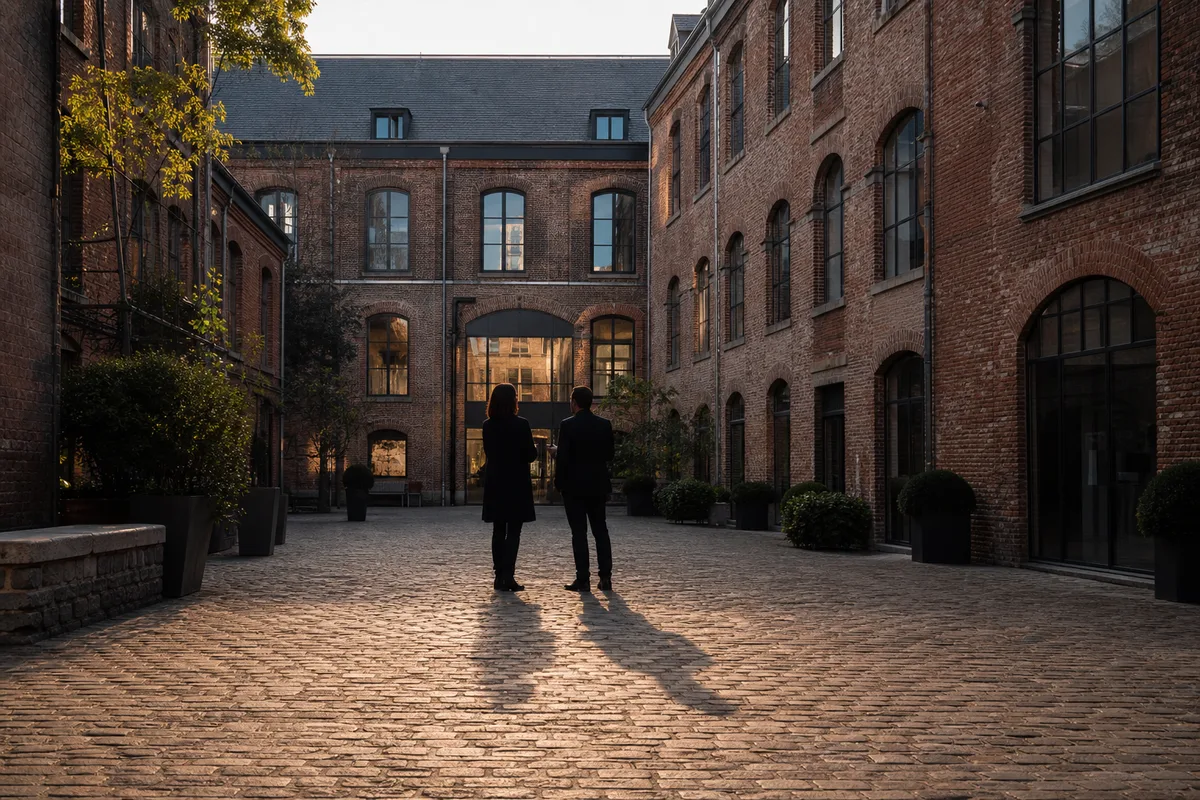 Cour intérieure pavée d&rsquo;un bâtiment d&rsquo;entreprise en brique, deux silhouettes de dos en discussion