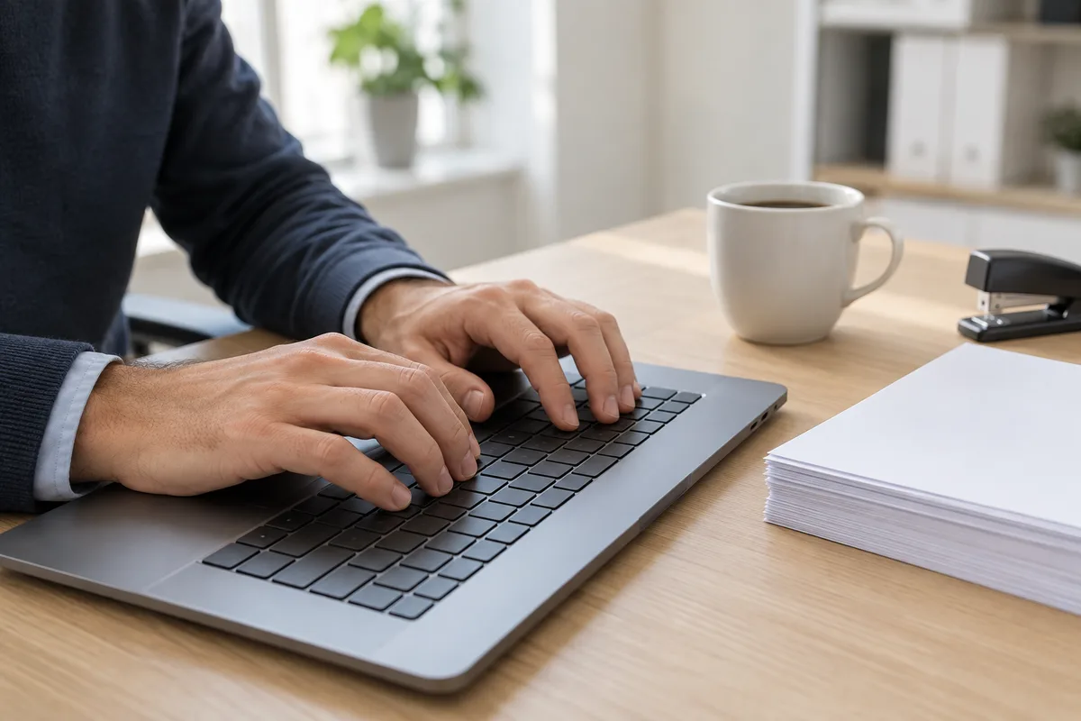 Mains d&rsquo;une comptable posées sur un clavier d&rsquo;ordinateur portable dans le bureau d&rsquo;une petite entreprise