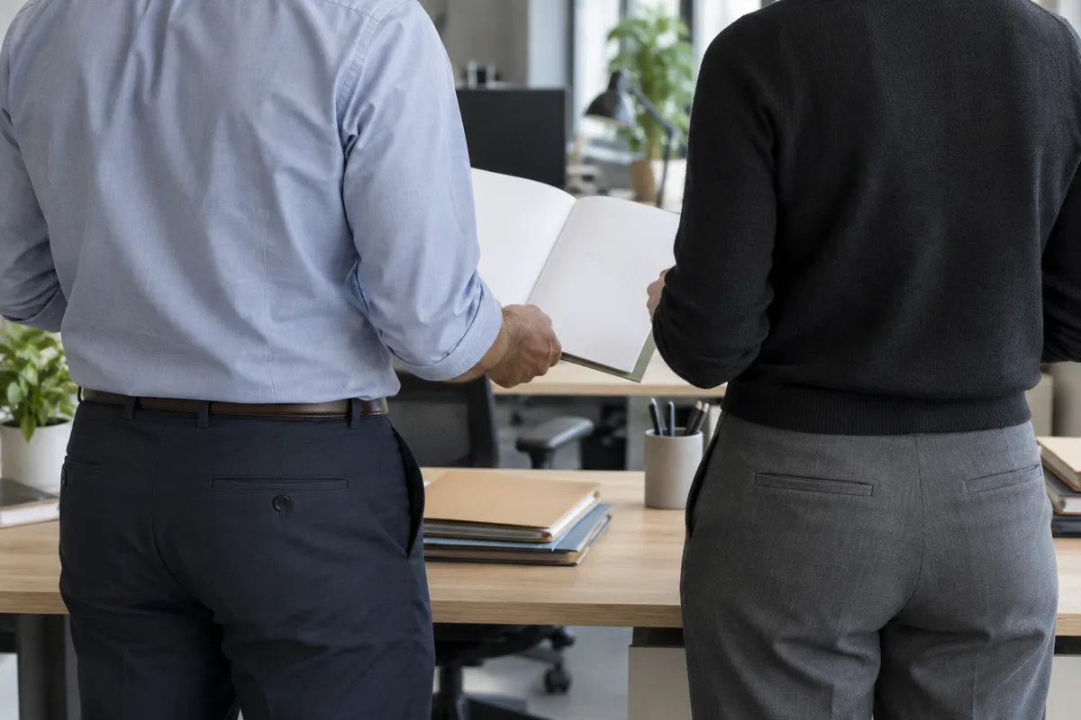Deux collègues examinent ensemble un dossier papier debout devant un poste de travail, vus de trois quarts dos