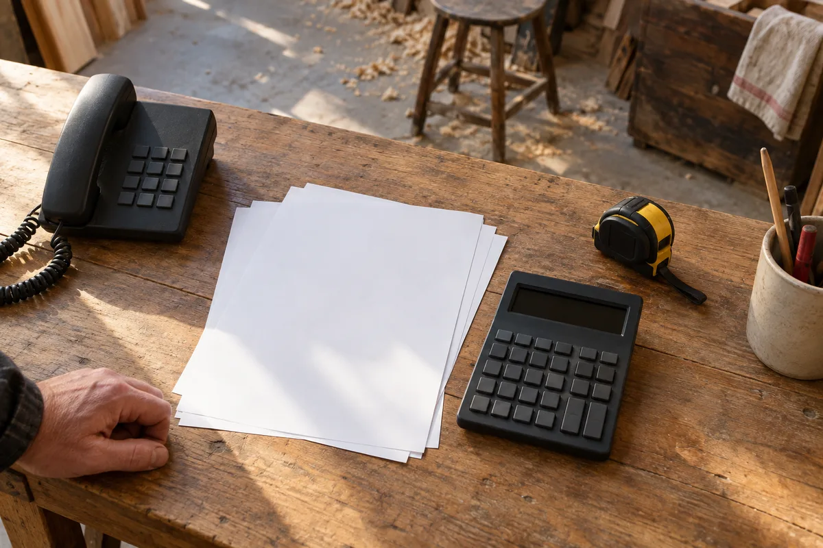 Bureau d&rsquo;un artisan avec factures papier, calculatrice et téléphone fixe posés sur un plan de travail en bois
