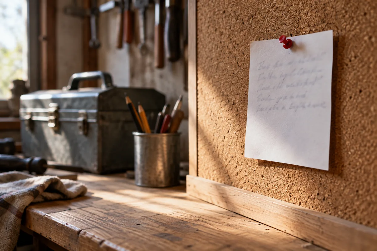 Atelier de petite entreprise avec une note manuscrite épinglée sur un panneau de liège près d&rsquo;un plan de travail