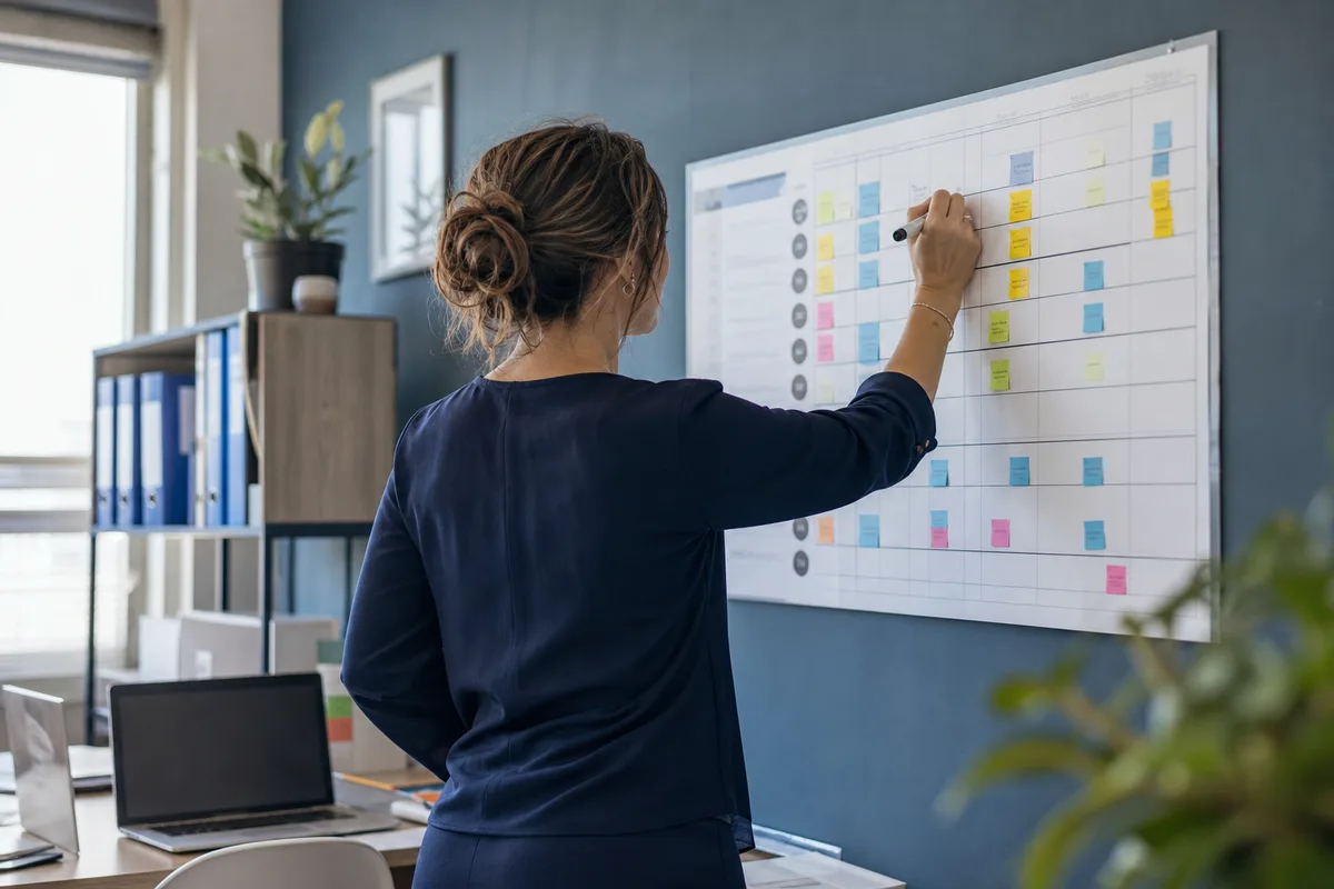 Dirigeante de petite entreprise annotant un tableau de compétences affiché au mur de son bureau