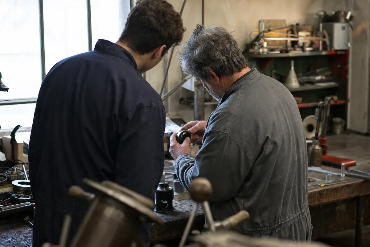 Deux salariés en atelier, l’un montrant un geste technique à l’autre devant un poste de travail