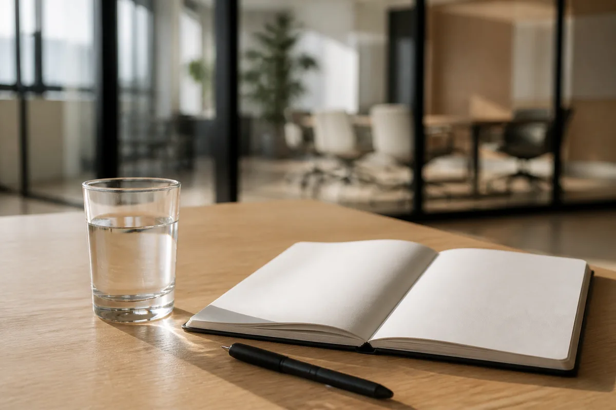 Table de réunion en bois clair dans un bureau français, verre d&rsquo;eau et carnet ouvert vierge, lumière douce de fin de matinée
