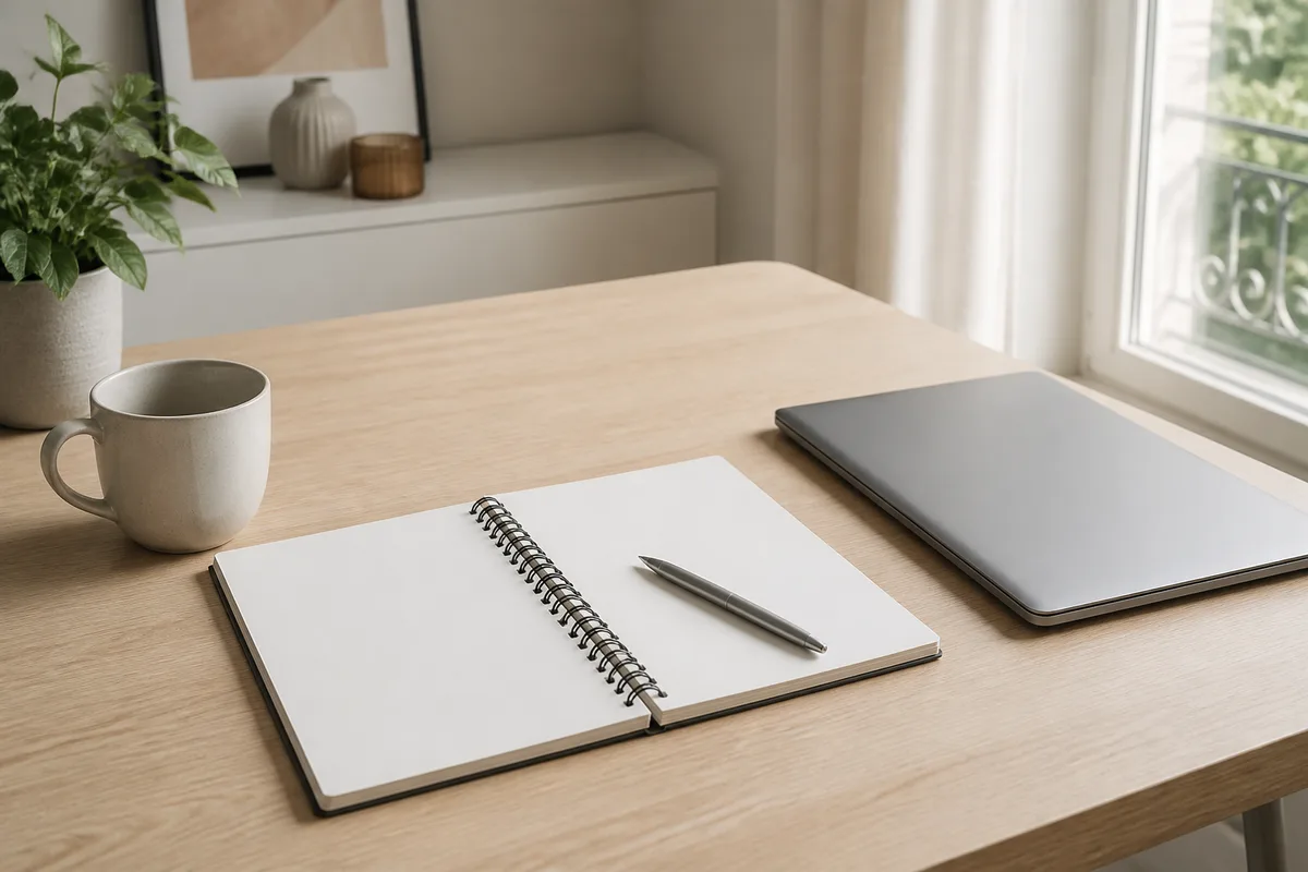 Carnet à spirale ouvert et stylo posés près d&rsquo;un ordinateur portable fermé sur un bureau clair, ambiance de bureau français calme