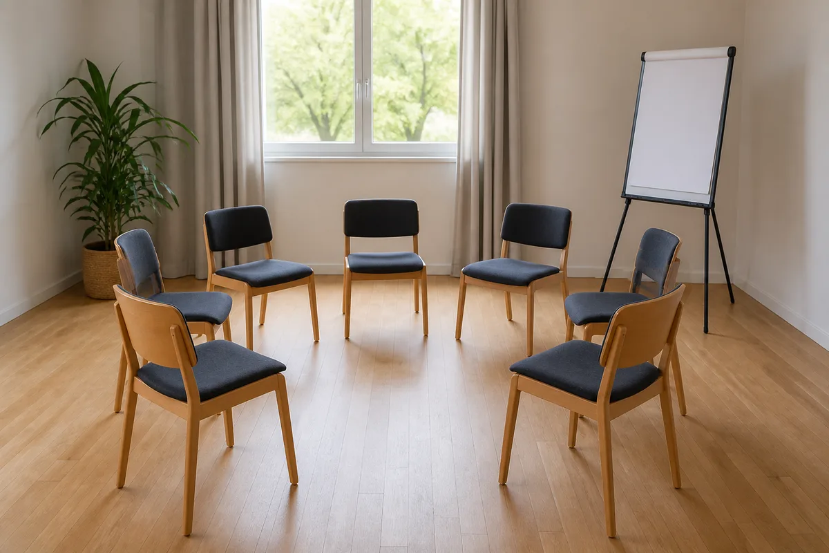 Chaises de réunion disposées en cercle dans une salle lumineuse, mur clair et paperboard vierge, plan large sans personne