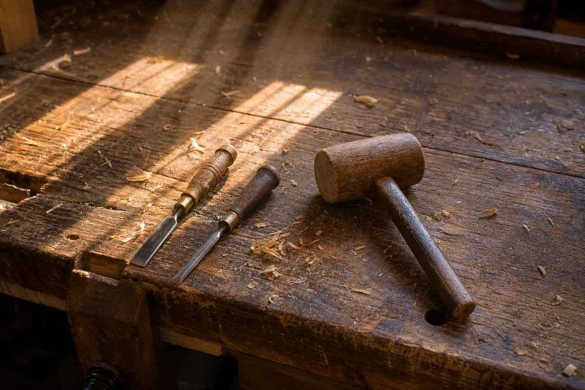 Mains d&rsquo;un artisan guidant celles d&rsquo;un jeune sur une pièce de bois dans un atelier de menuiserie éclairé par une verrière