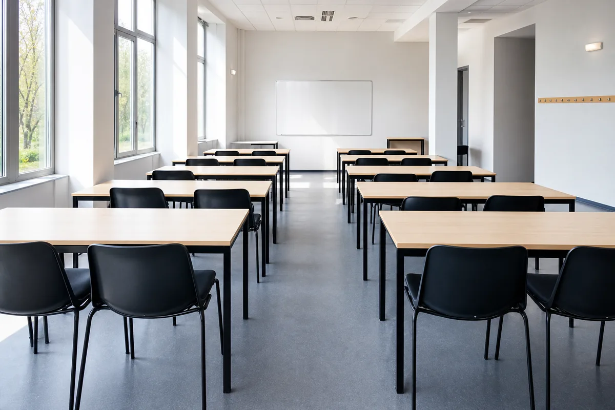Salle de formation vide dans un centre d&rsquo;apprentissage, tables en bois clair et chaises alignées, lumière du matin par de hautes fenêtres