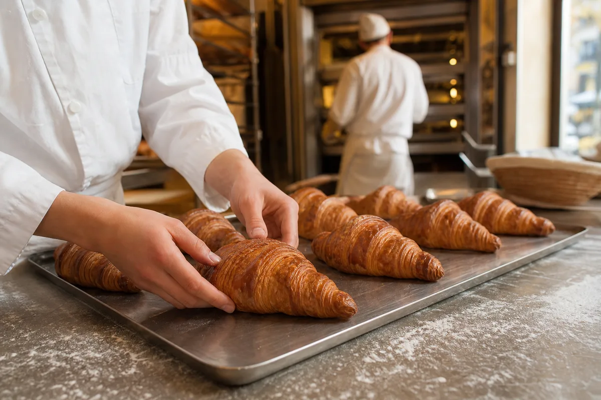 Comptoir de boulangerie artisanale à l&rsquo;ouverture, mains d&rsquo;un jeune commis disposant des viennoiseries sur une plaque