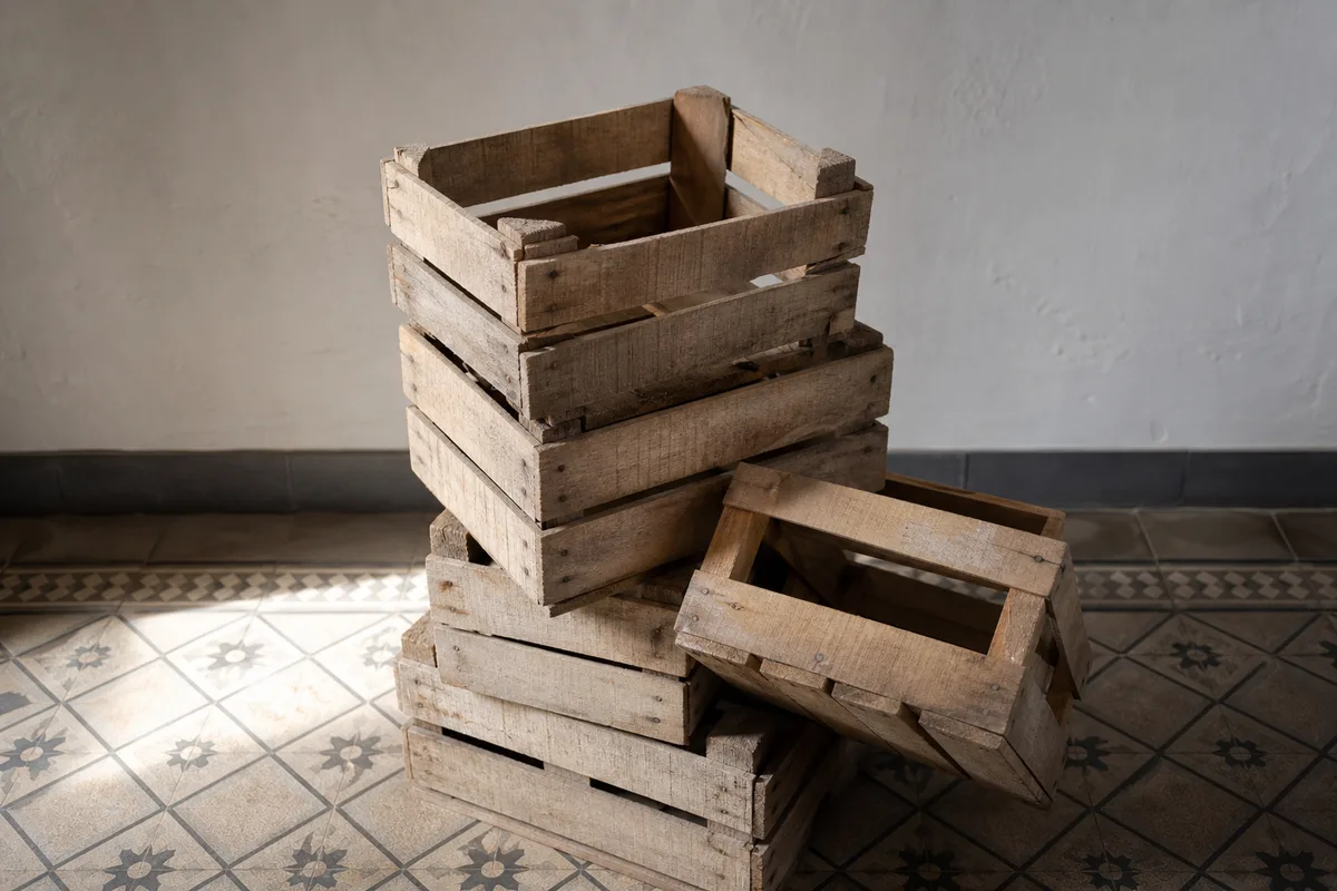 Cageots en bois vides empilés au fond d&rsquo;un commerce de proximité au sol carrelé ancien