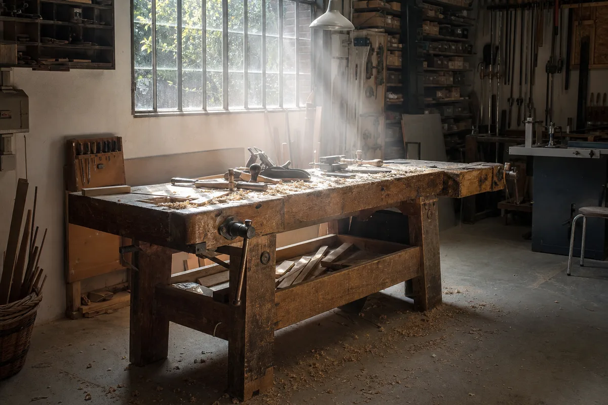 Établi en bois patiné dans un atelier d&rsquo;artisan français traversé par une lumière oblique