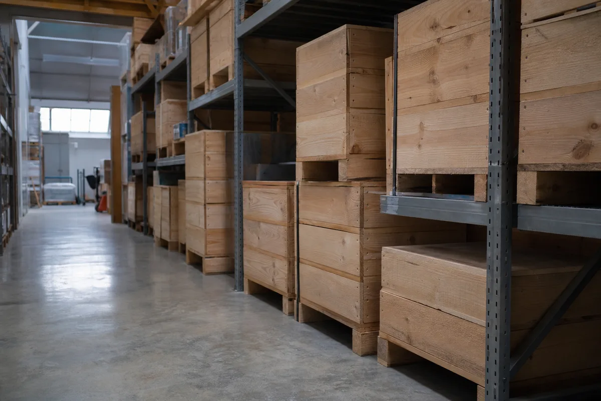 Caisses en bois brut empilées dans l&rsquo;entrepôt d&rsquo;une petite entreprise sous une lumière zénithale