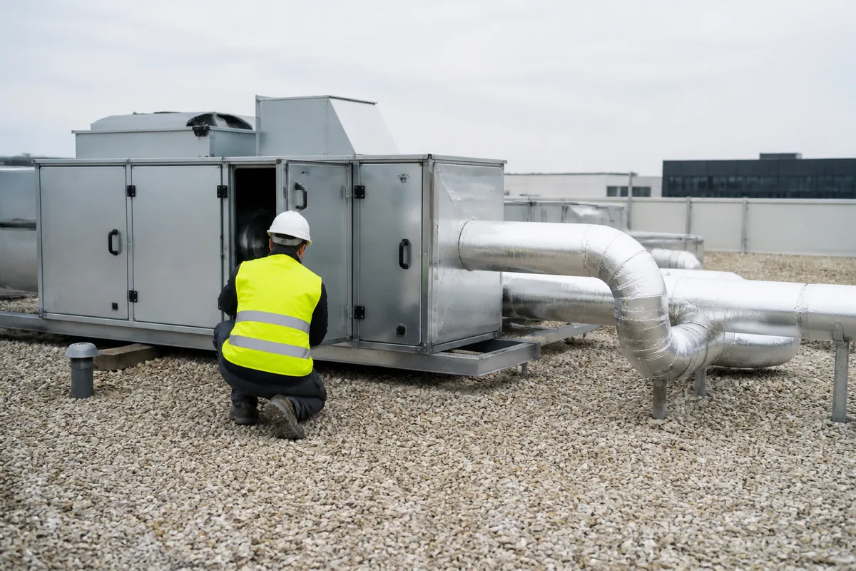 Ingénieur en gilet de sécurité relevant une mesure sur une centrale de traitement d’air en toiture