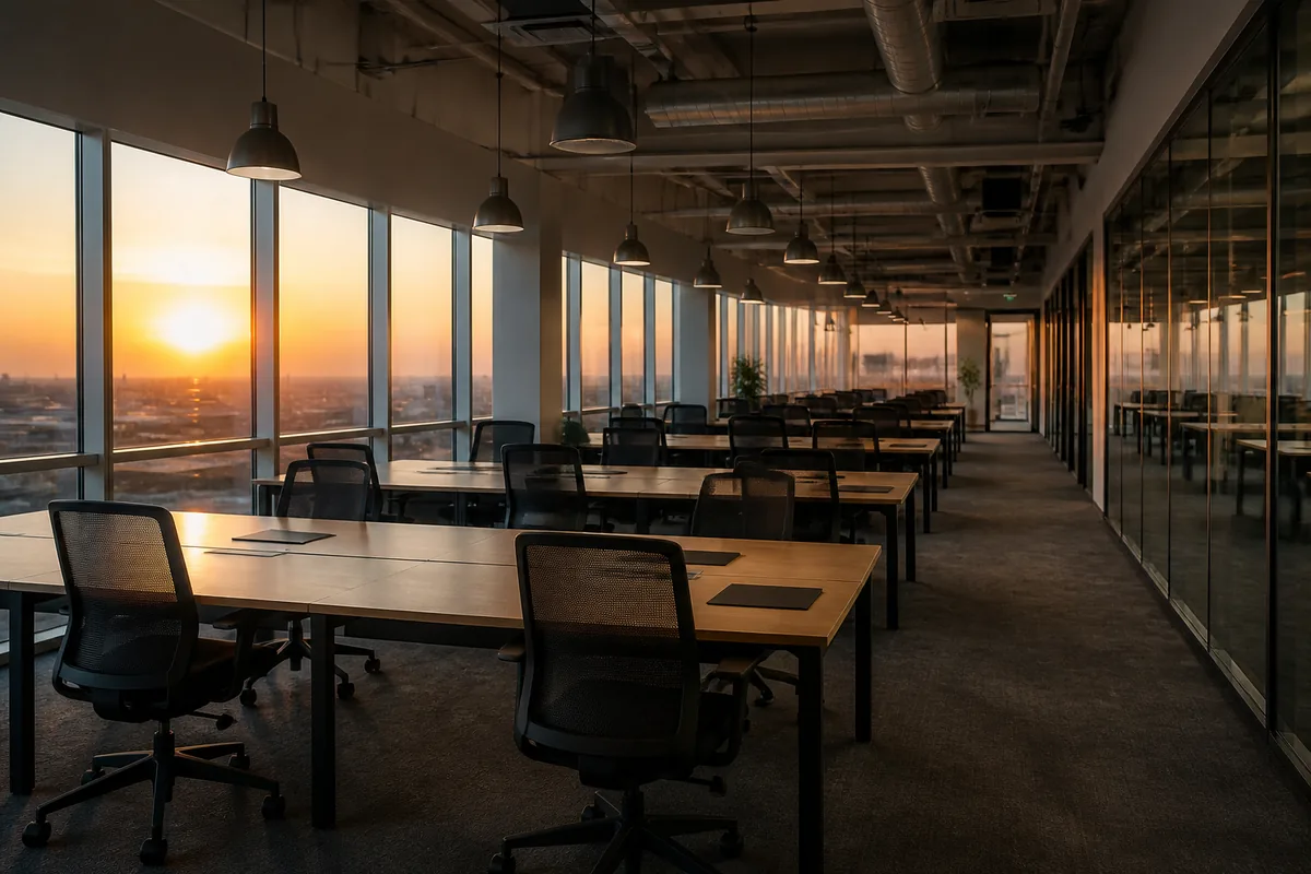 Plateau de bureaux au crépuscule, cloisons vitrées et lumière rasante sur une moquette grise