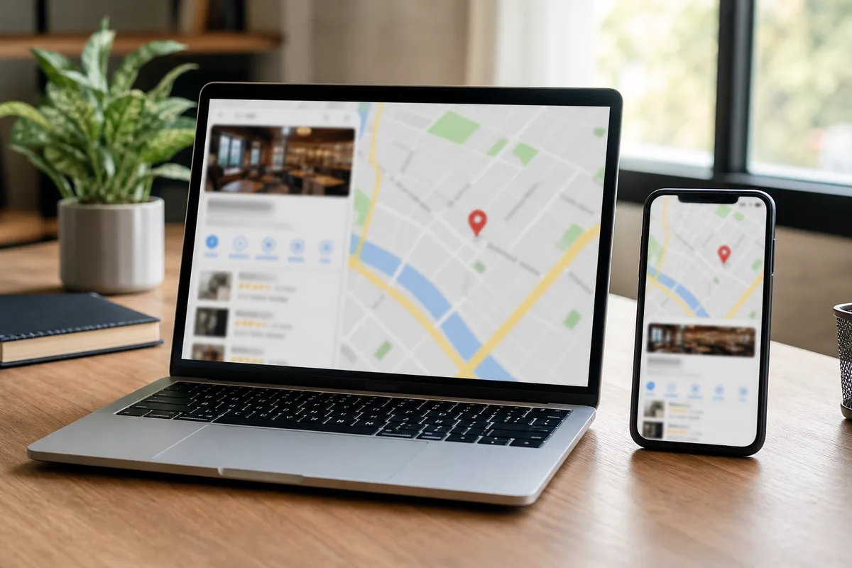 Ordinateur portable affichant une fiche d’établissement local et une carte de géolocalisation