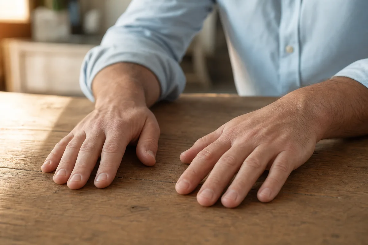 Mains posées à plat sur une table en bois massif dans le bureau d’une petite entreprise