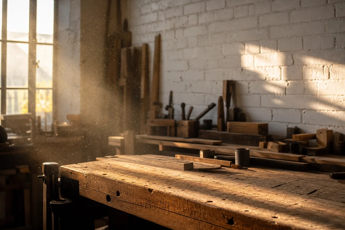 Établi en bois nu dans un petit atelier français traversé par un rayon de lumière