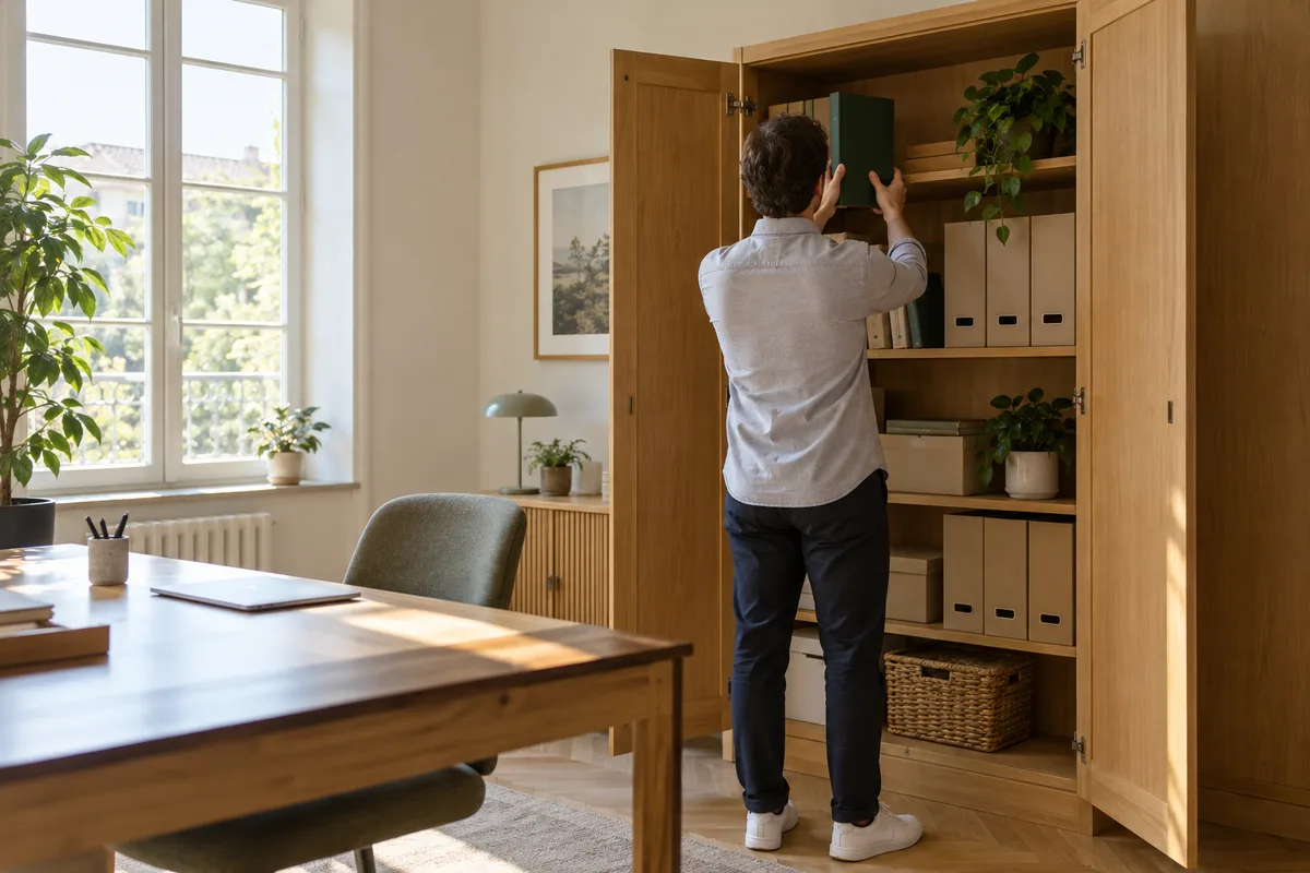 Personne vue de dos rangeant un registre relié fermé dans une armoire de bureau