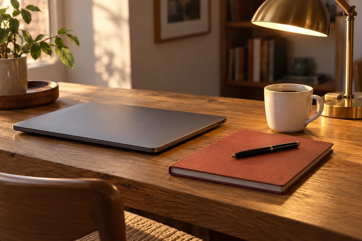 Ordinateur portable fermé posé à côté d&rsquo;un registre cartonné sur une table en chêne