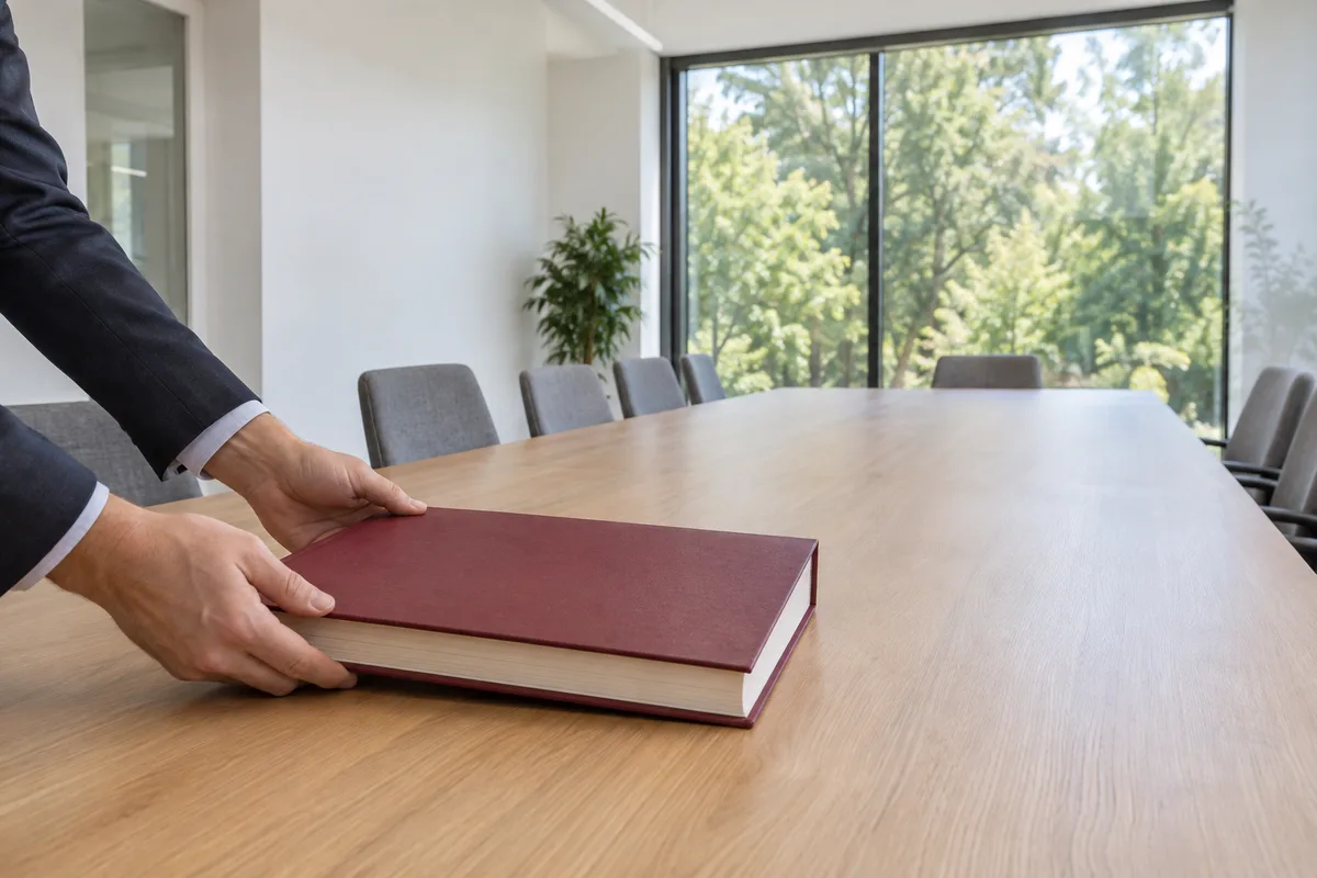 Mains posant un registre fermé sur la table d&rsquo;une salle de réunion vide