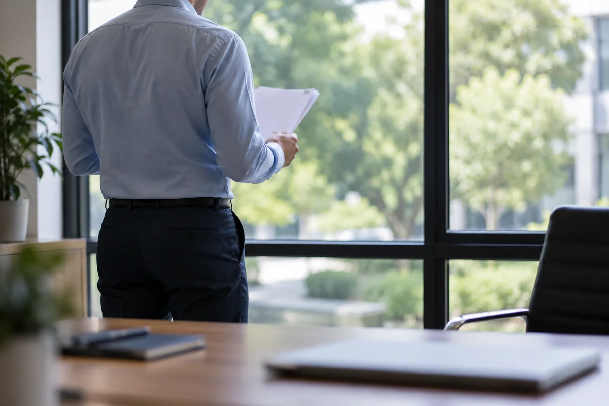 Dirigeant vu de dos lisant un document près d&rsquo;une grande fenêtre de bureau