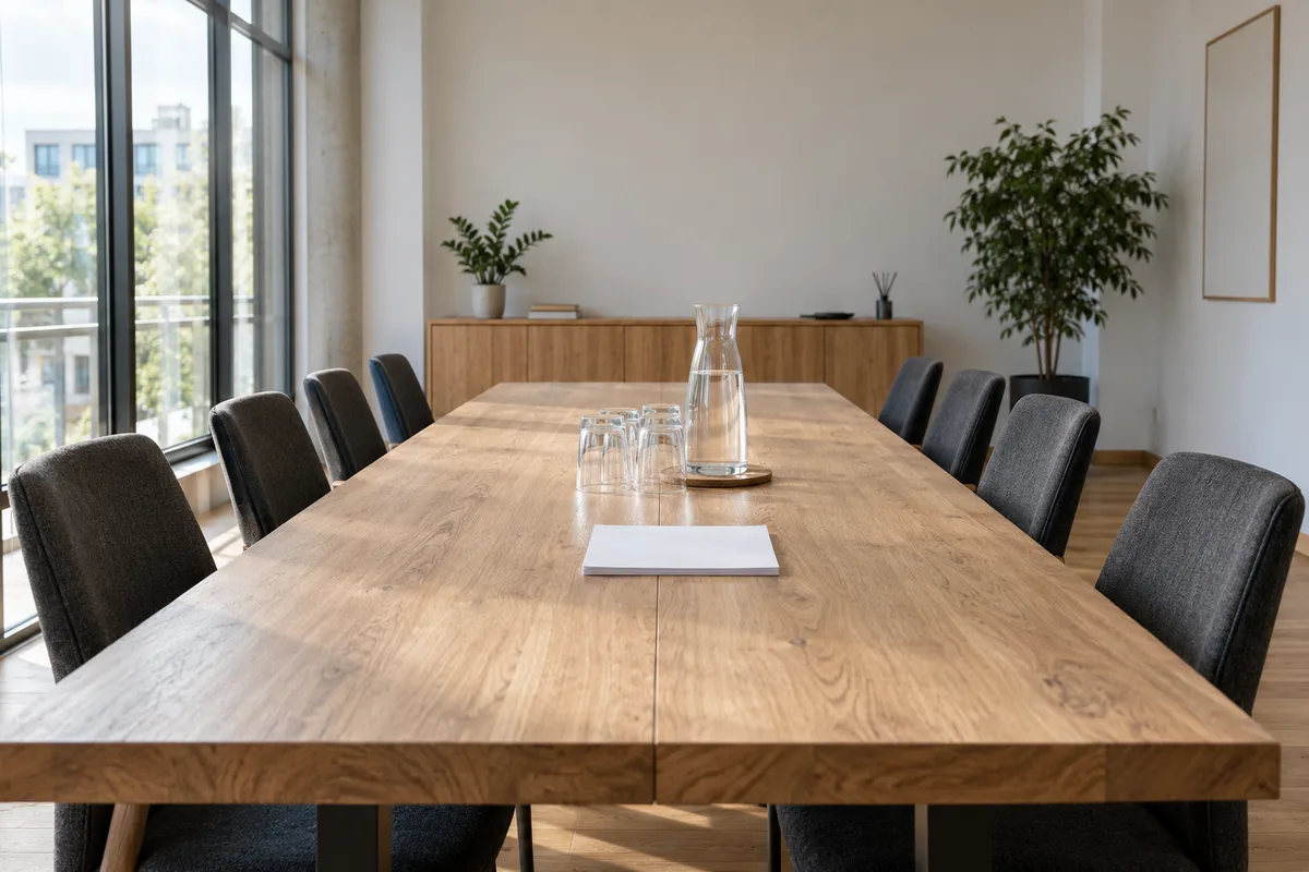 Salle de réunion vide avec table en bois et chaises alignées sous la lumière du jour