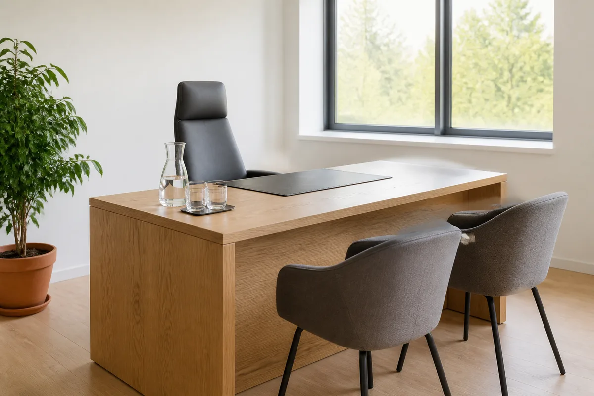 Bureau de dirigeant de PME française avec chemise cartonnée ouverte sur des feuilles vierges et lampe allumée