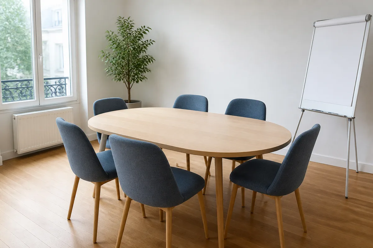 Salle de réunion vide d’une petite entreprise, chaises en tissu autour d’une table ovale, lumière naturelle de fenêtre