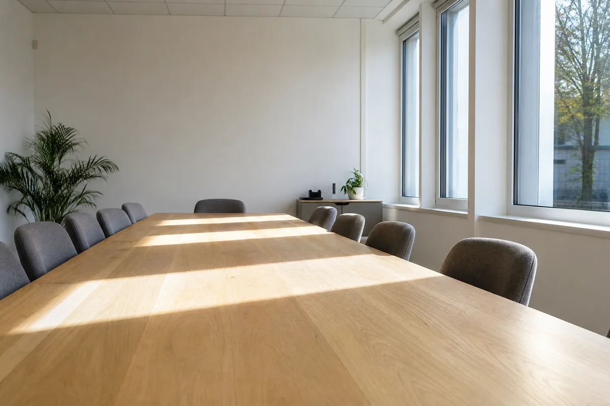 Salle de réunion vide d’une PME française baignée par la lumière du matin