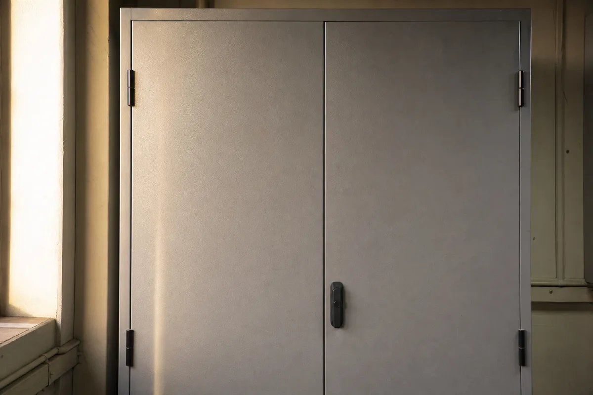 Armoire métallique grise fermée dans un local de service, poignée et charnières en lumière rasante