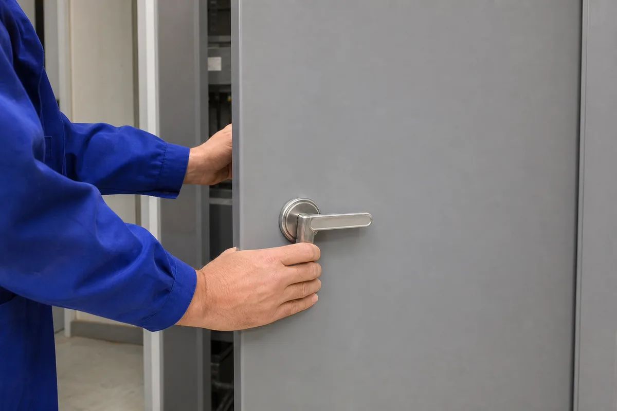 Mains d’un technicien tenant un tournevis au-dessus d’un boîtier métallique ouvert posé sur un établi d’atelier