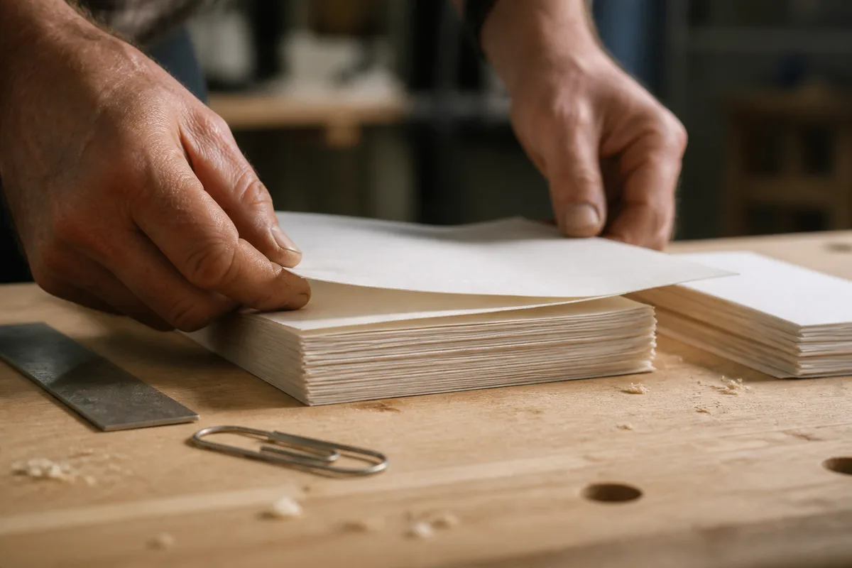 Mains d&rsquo;un artisan répartissant des factures papier en deux piles distinctes sur un établi en bois clair