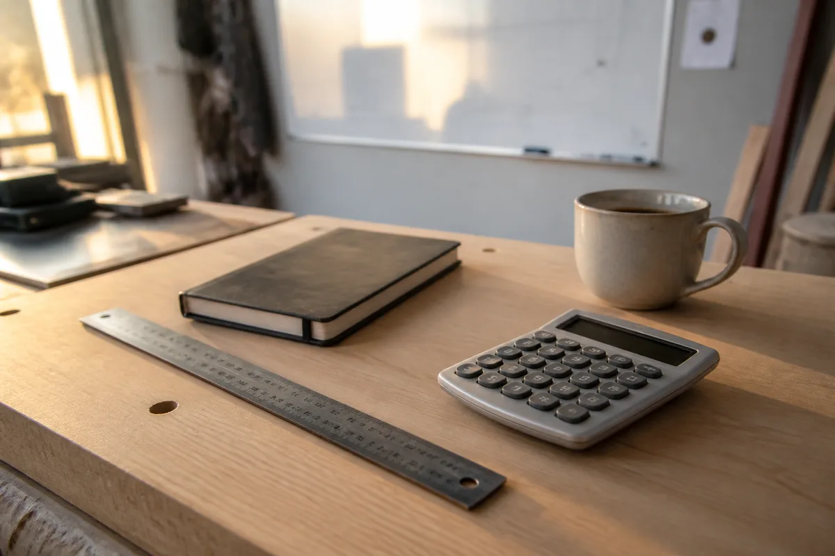Plan de travail d&rsquo;atelier avec calculatrice, carnet et règle, lumière de fin de journée