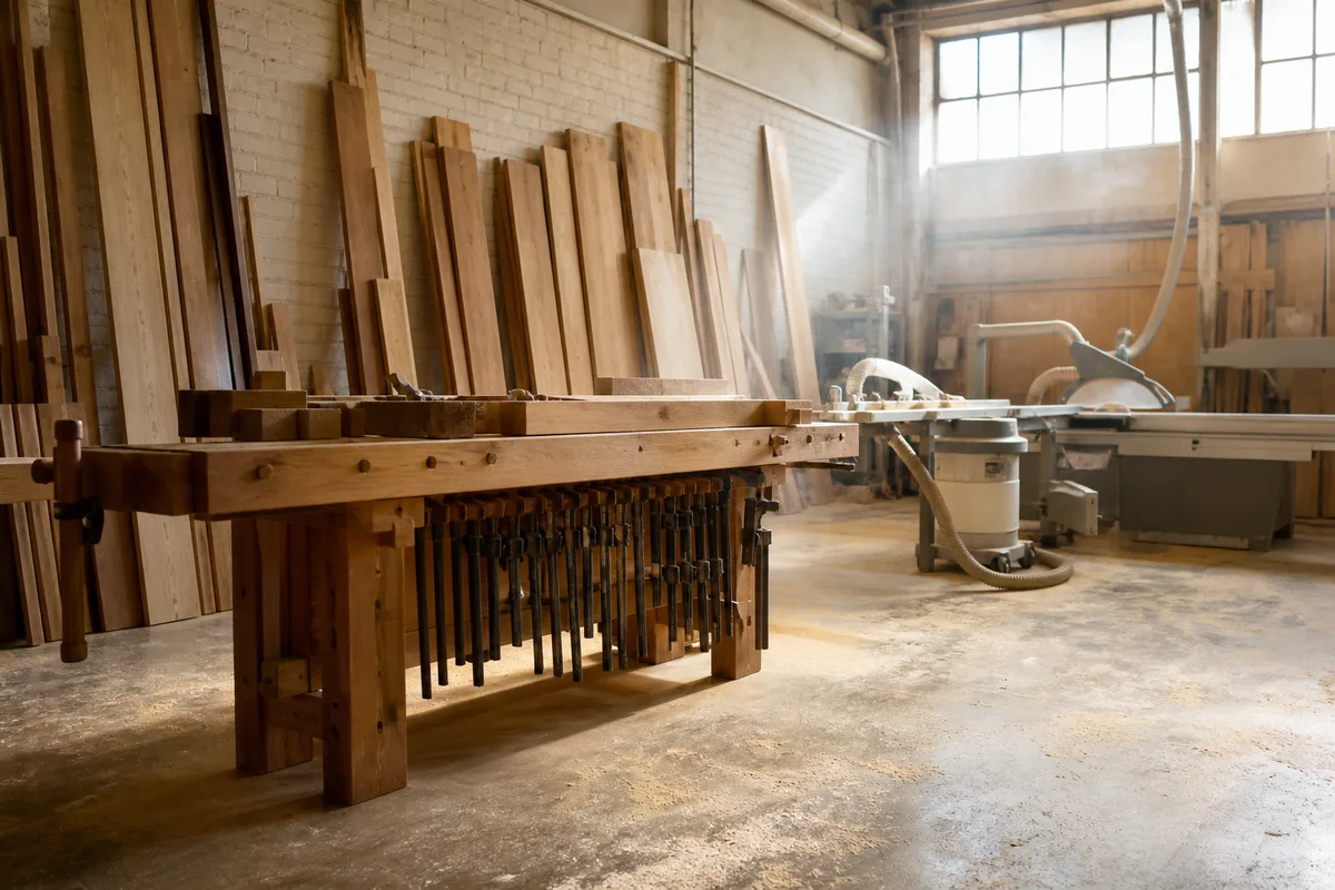 Atelier de menuiserie français baigné de lumière naturelle, établi rangé et planches de bois posées contre le mur