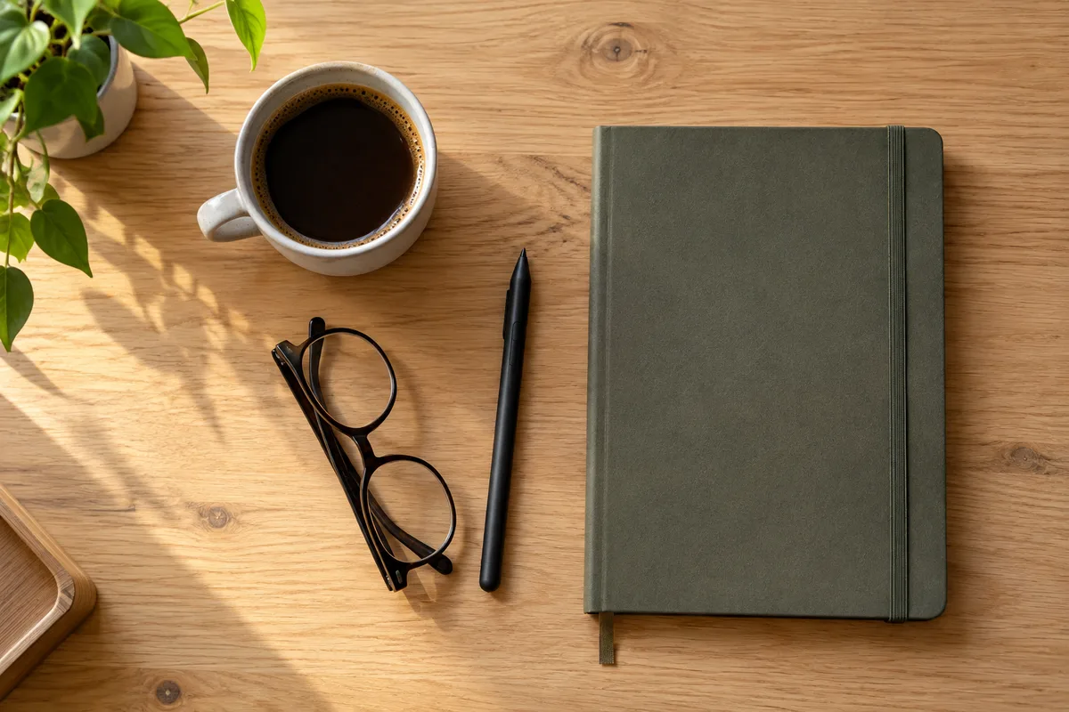 Stylet, lunettes pliées et tasse de café posés près d&rsquo;un carnet fermé sur un bureau en bois clair