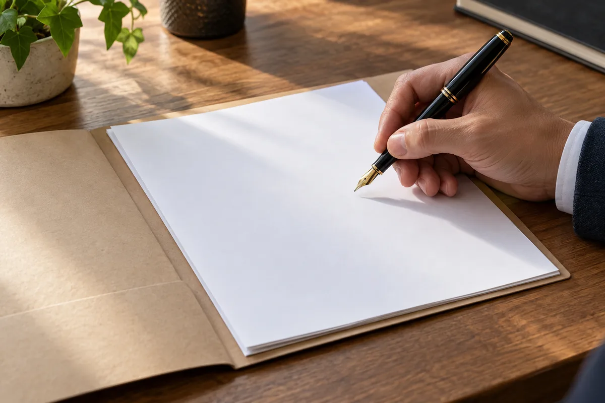 Main tenant un stylo-plume au-dessus d&rsquo;une chemise cartonnée ouverte