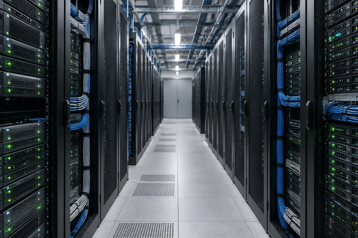 Baie de serveurs aux voyants verts dans une salle technique
