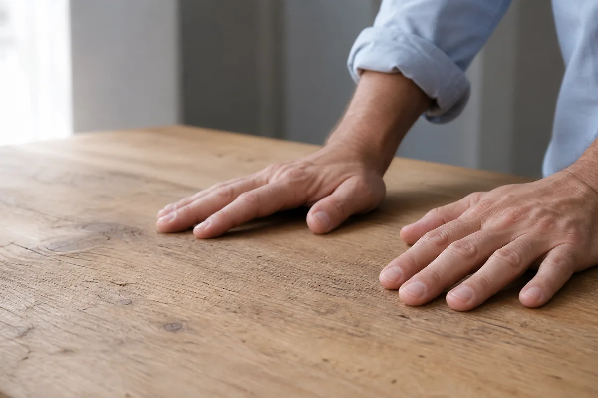 Bureau en bois clair d&rsquo;un artisan français, mains posées sur un plan de travail vide près d&rsquo;une fenêtre