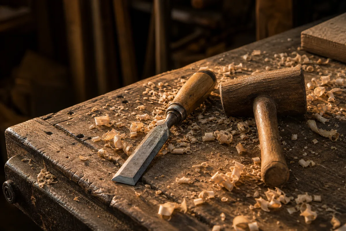Établi d&rsquo;atelier français en bois massif, copeaux et outils à main disposés sous une lumière rasante