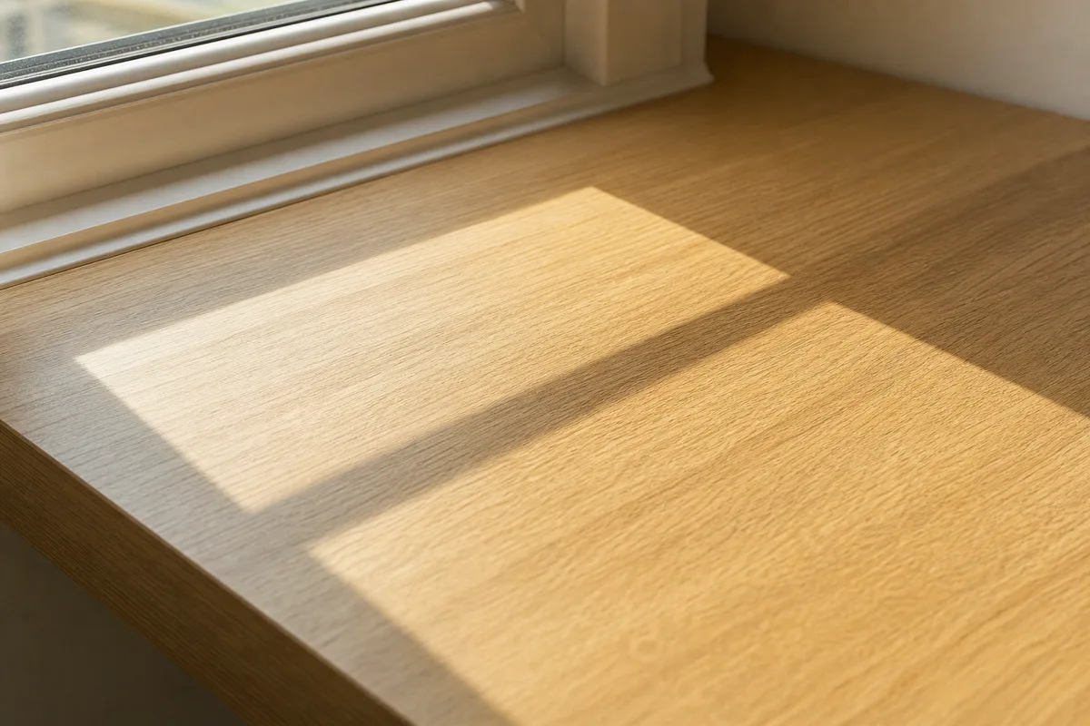 Plan de travail en chêne clair baigné de lumière naturelle dans le bureau d’une PME française