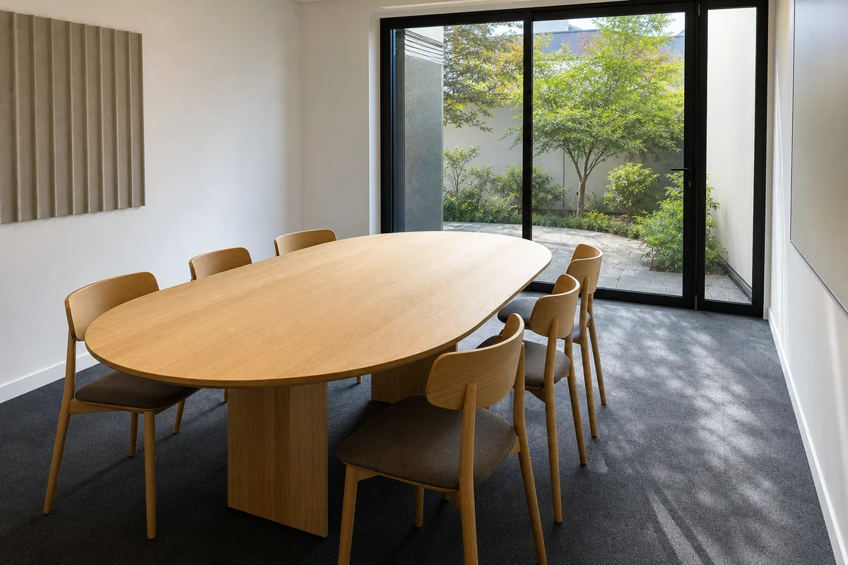 Salle de réunion vide d’une PME française, chaises en bois clair alignées autour d’une table nue