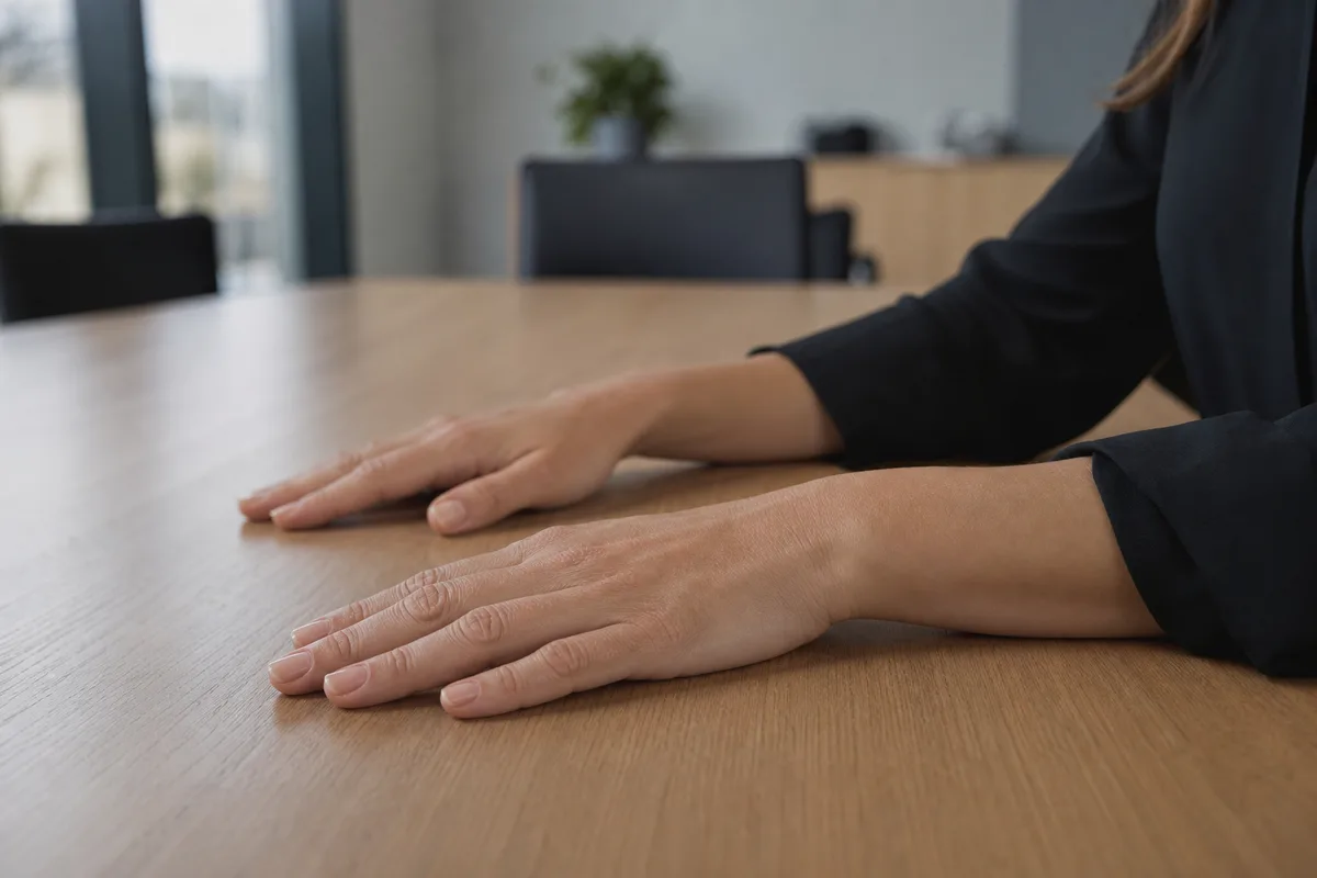 Mains posées à plat sur une table de réunion en bois clair, lumière naturelle latérale dans un bureau français