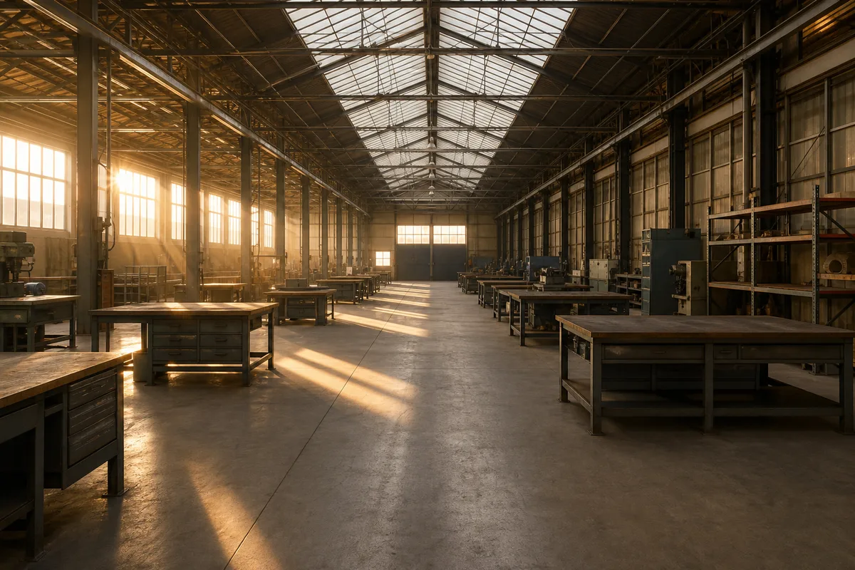 Atelier de production française vide en fin de journée, allées dégagées et lumière chaude venant des verrières