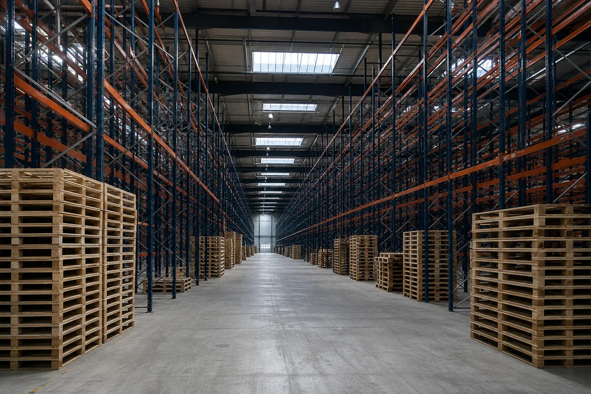 Allées de rayonnages métalliques et palettes de bois nues dans un entrepôt logistique français